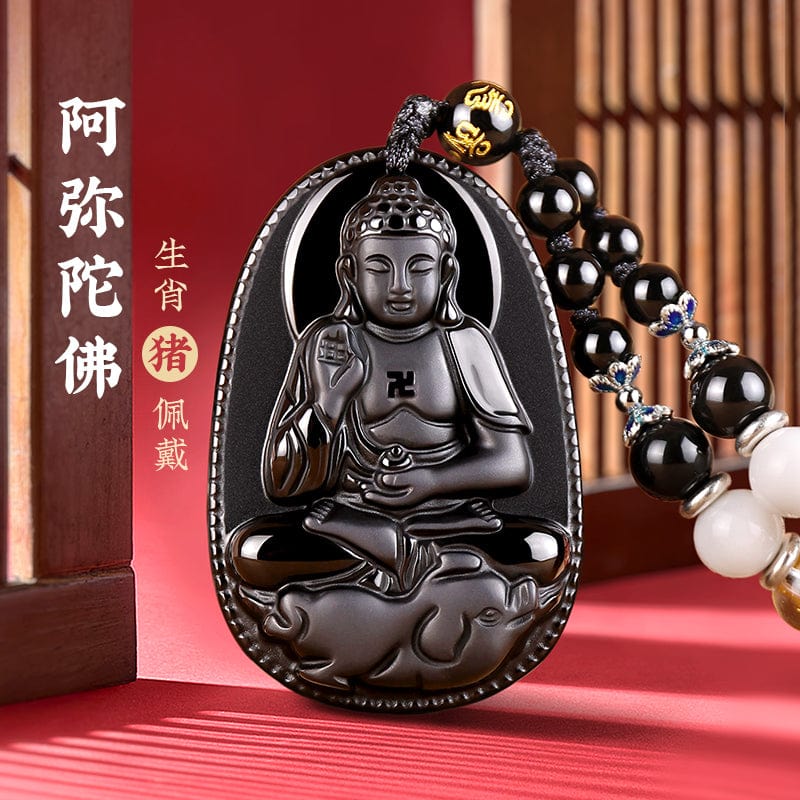 Obsidian natal Buddha pendant twelve zodiac signs belong to the rabbit necklace Samantabhadra Manjusri Bodhisattva Void hidden gifts for men and women 