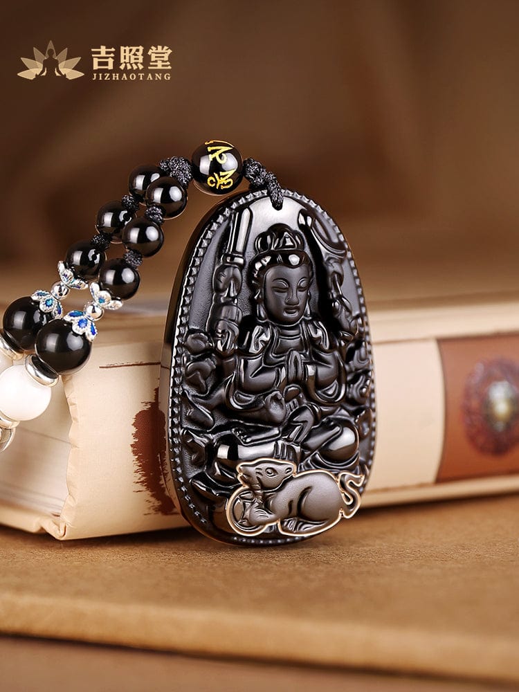 Obsidian natal Buddha pendant twelve zodiac signs belong to the rabbit necklace Samantabhadra Manjusri Bodhisattva Void hidden gifts for men and women 