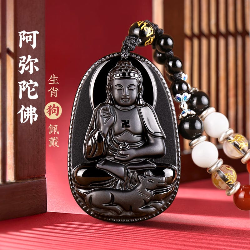 Obsidian natal Buddha pendant twelve zodiac signs belong to the rabbit necklace Samantabhadra Manjusri Bodhisattva Void hidden gifts for men and women 