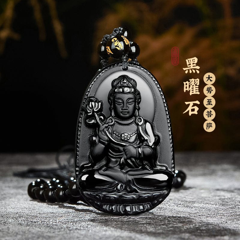 Obsidian natal Buddha pendant Hetian jade men's and women's twelve zodiac necklace general trend to Manjusri Bodhisattva Samantabhadra 