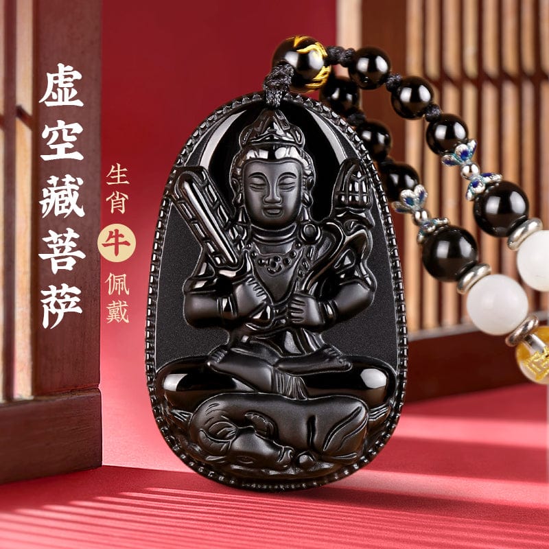 Obsidian natal Buddha pendant twelve zodiac signs belong to the rabbit necklace Samantabhadra Manjusri Bodhisattva Void hidden gifts for men and women 