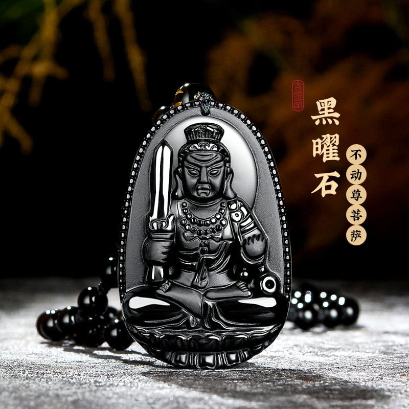 Obsidian natal Buddha pendant Hetian jade men's and women's twelve zodiac necklace general trend to Manjusri Bodhisattva Samantabhadra 