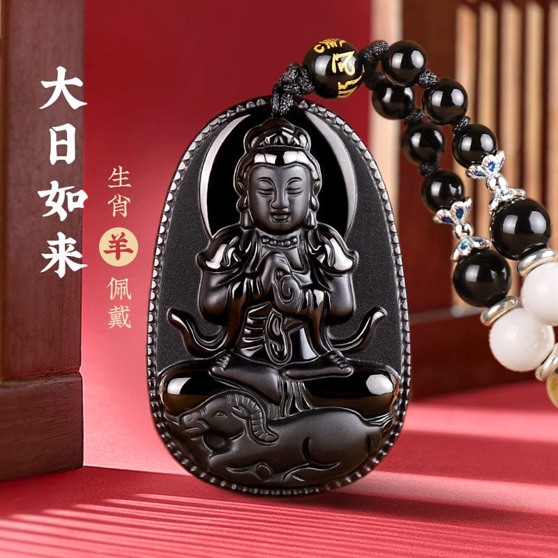 Obsidian natal Buddha pendant twelve zodiac signs belong to the rabbit necklace Samantabhadra Manjusri Bodhisattva Void hidden gifts for men and women 