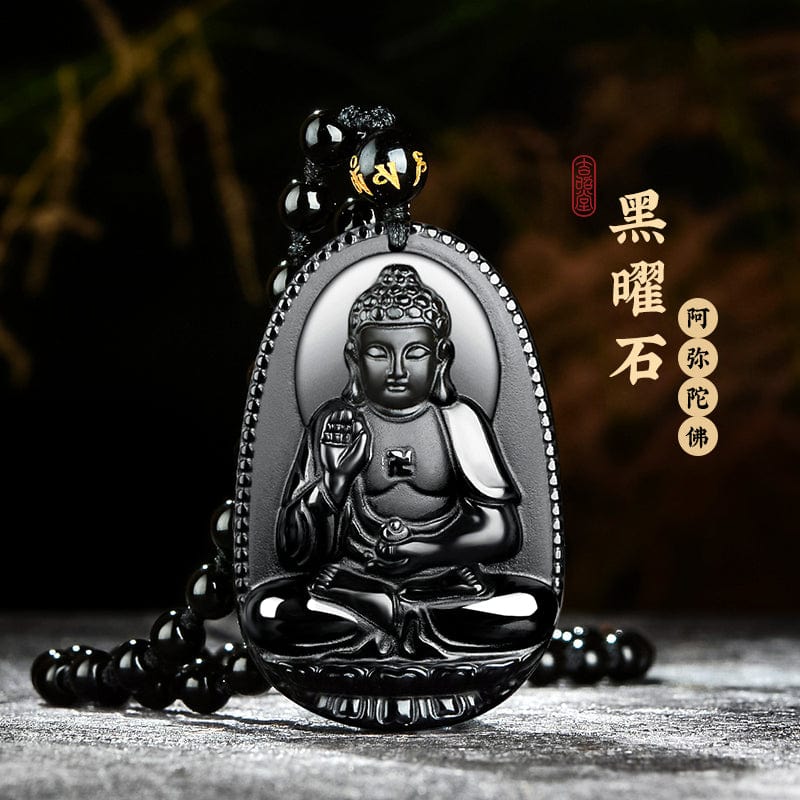 Obsidian natal Buddha pendant Hetian jade men's and women's twelve zodiac necklace general trend to Manjusri Bodhisattva Samantabhadra 