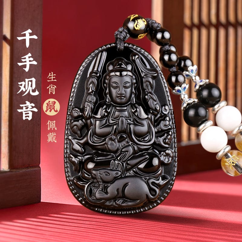 Obsidian natal Buddha pendant twelve zodiac signs belong to the rabbit necklace Samantabhadra Manjusri Bodhisattva Void hidden gifts for men and women 