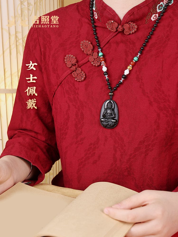 Obsidian natal Buddha pendant twelve zodiac signs belong to the rabbit necklace Samantabhadra Manjusri Bodhisattva Void hidden gifts for men and women 