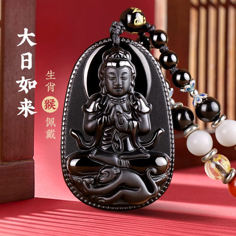 Obsidian natal Buddha pendant twelve zodiac signs belong to the rabbit necklace Samantabhadra Manjusri Bodhisattva Void hidden gifts for men and women 