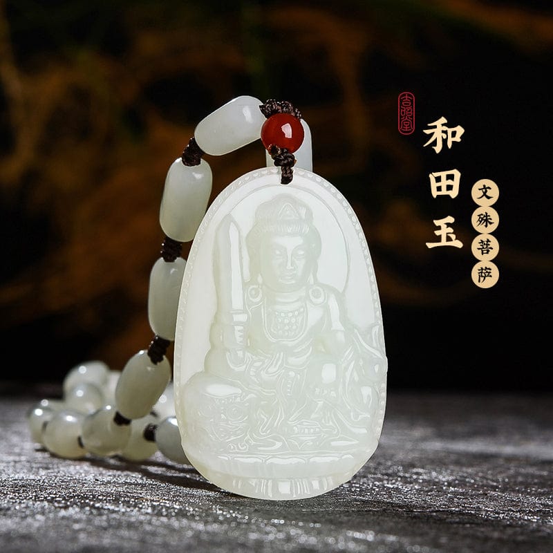 Obsidian natal Buddha pendant Hetian jade men's and women's twelve zodiac necklace general trend to Manjusri Bodhisattva Samantabhadra 